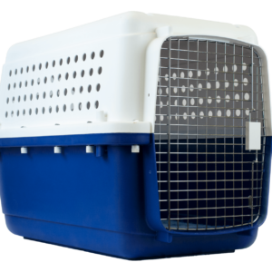 blue and white coloured kennel to transport dogs and puppies