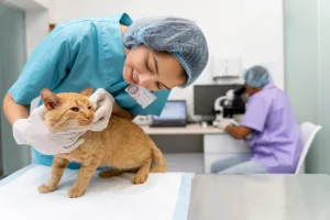 compassionate female vet doctor looking for symptoms of disease on orange cat