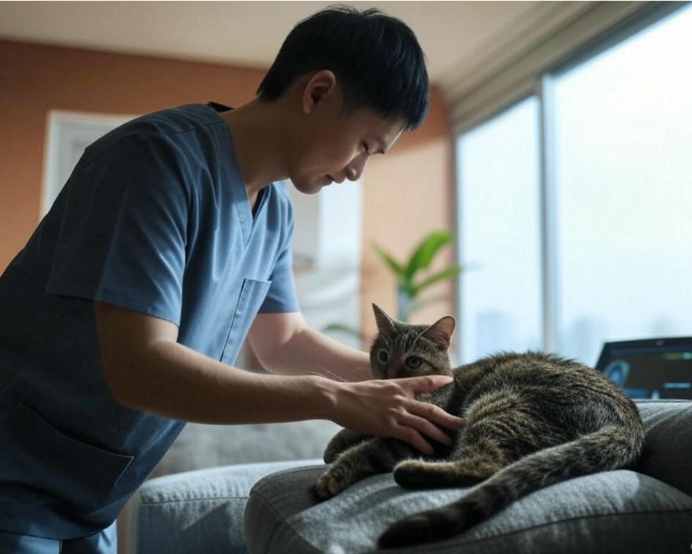 doctor giving diagnostic caring cat at home