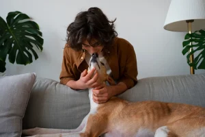 woman loving her dog at home in the sofa