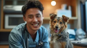 smiling vet doctor giving pose with australian shepherd dog for a picture