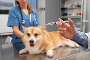 pembroke welsh borgi dog going to get injection at vet hospital