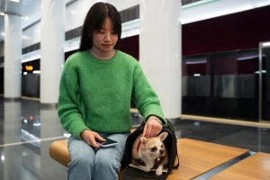 hongkonger woman wearing green sweater carrying her chihuahua dog